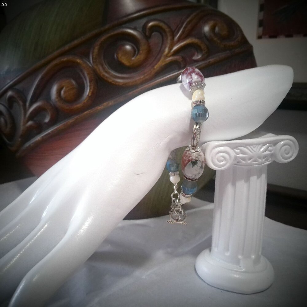 CUSTOM DESIGN BRACELET Silver, Blue & Marble Beads Size 8"
